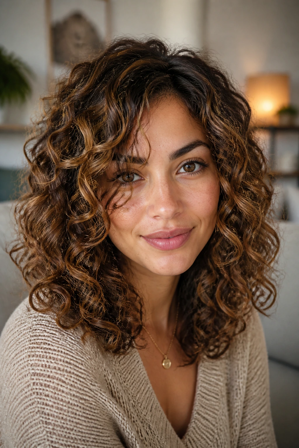 Portrait of a woman with balanced caramel highlights on medium curls