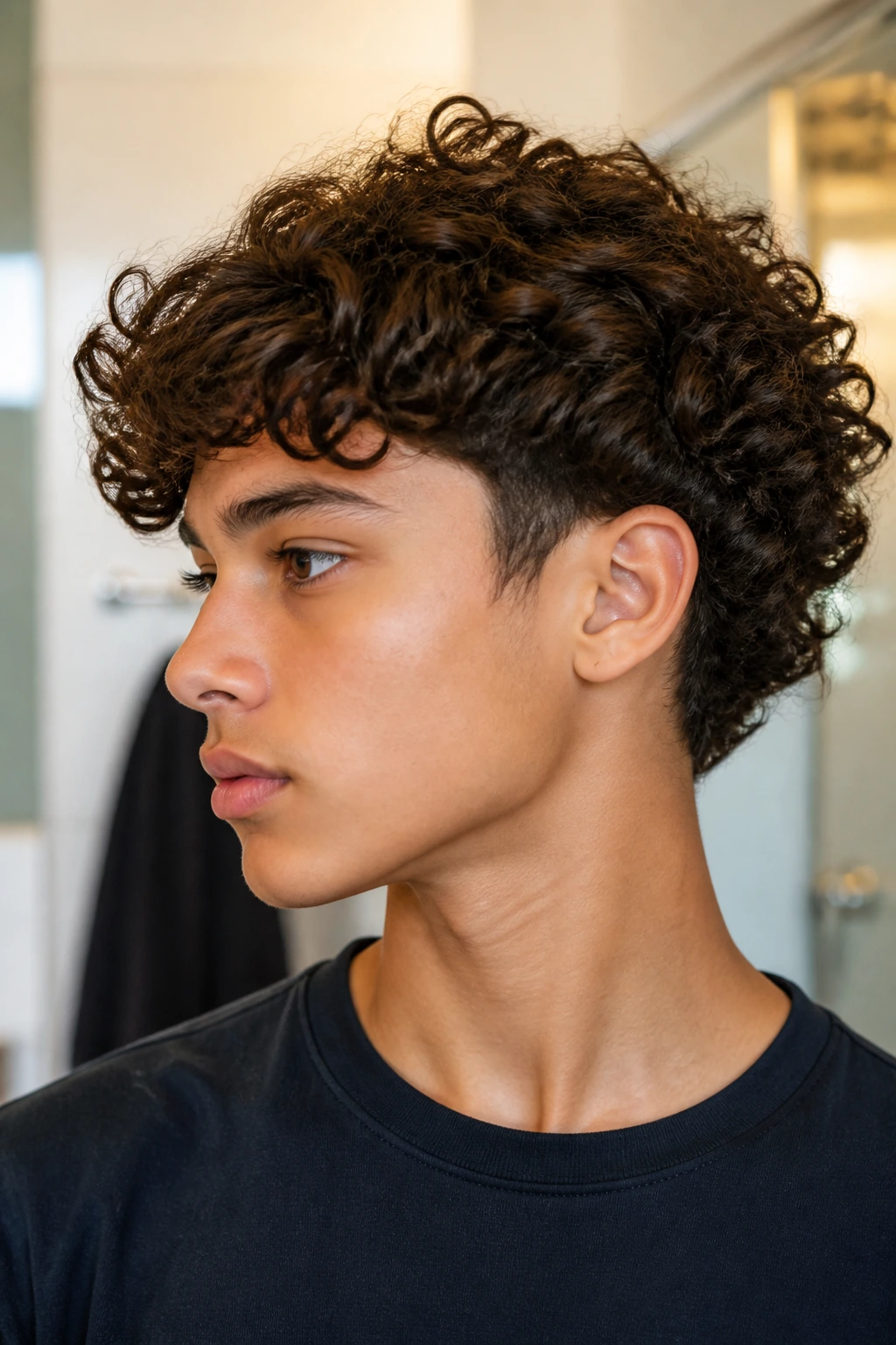 Close-up portrait of a real boy with medium-length curly hair and neat edges