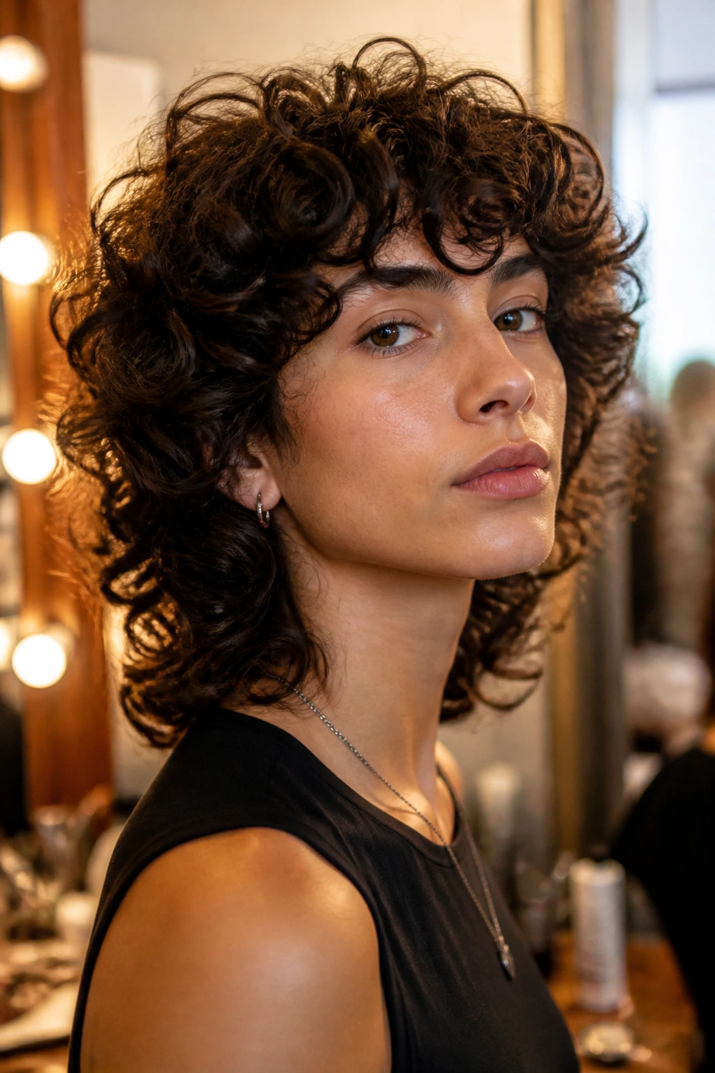 Close-up portrait of a real person with dense curls and internal layering.