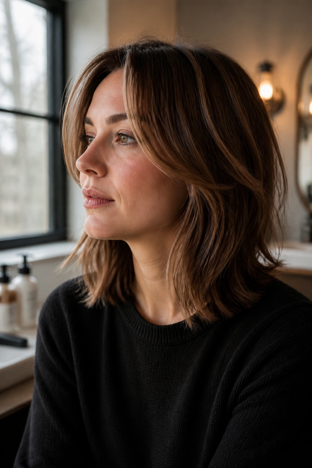 Close-up portrait showing a neatly shaped medium cut and maintenance between salon visits
