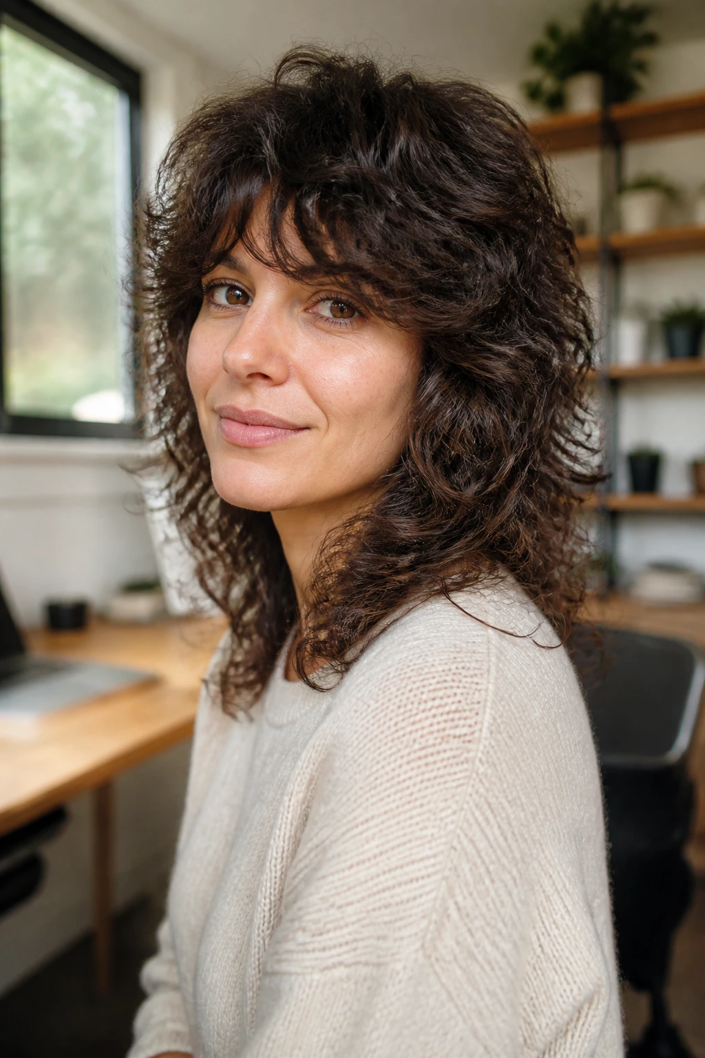 Portrait of a real woman with medium-density curls and a practical everyday shag