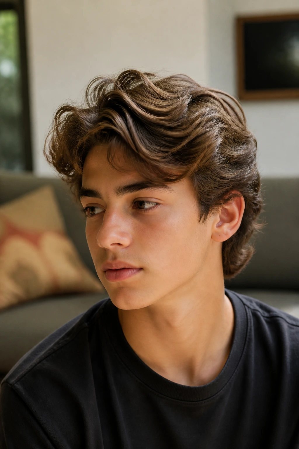 Boy with medium flow hair and soft layers.