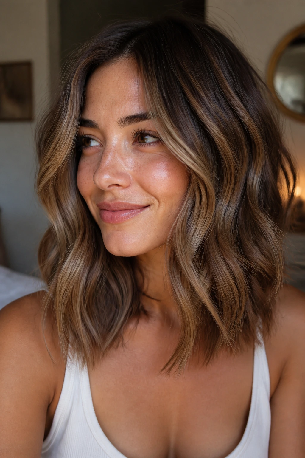 Close-up of a real person with shoulder-length hair and caramel highlights framing the face