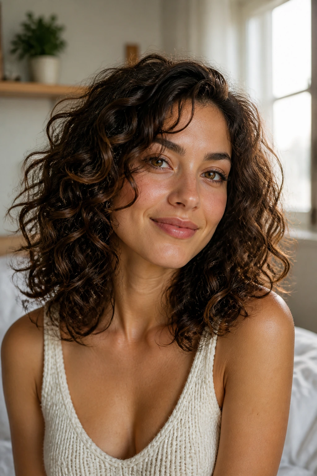 Portrait of a person with medium-length hair and romantic curls