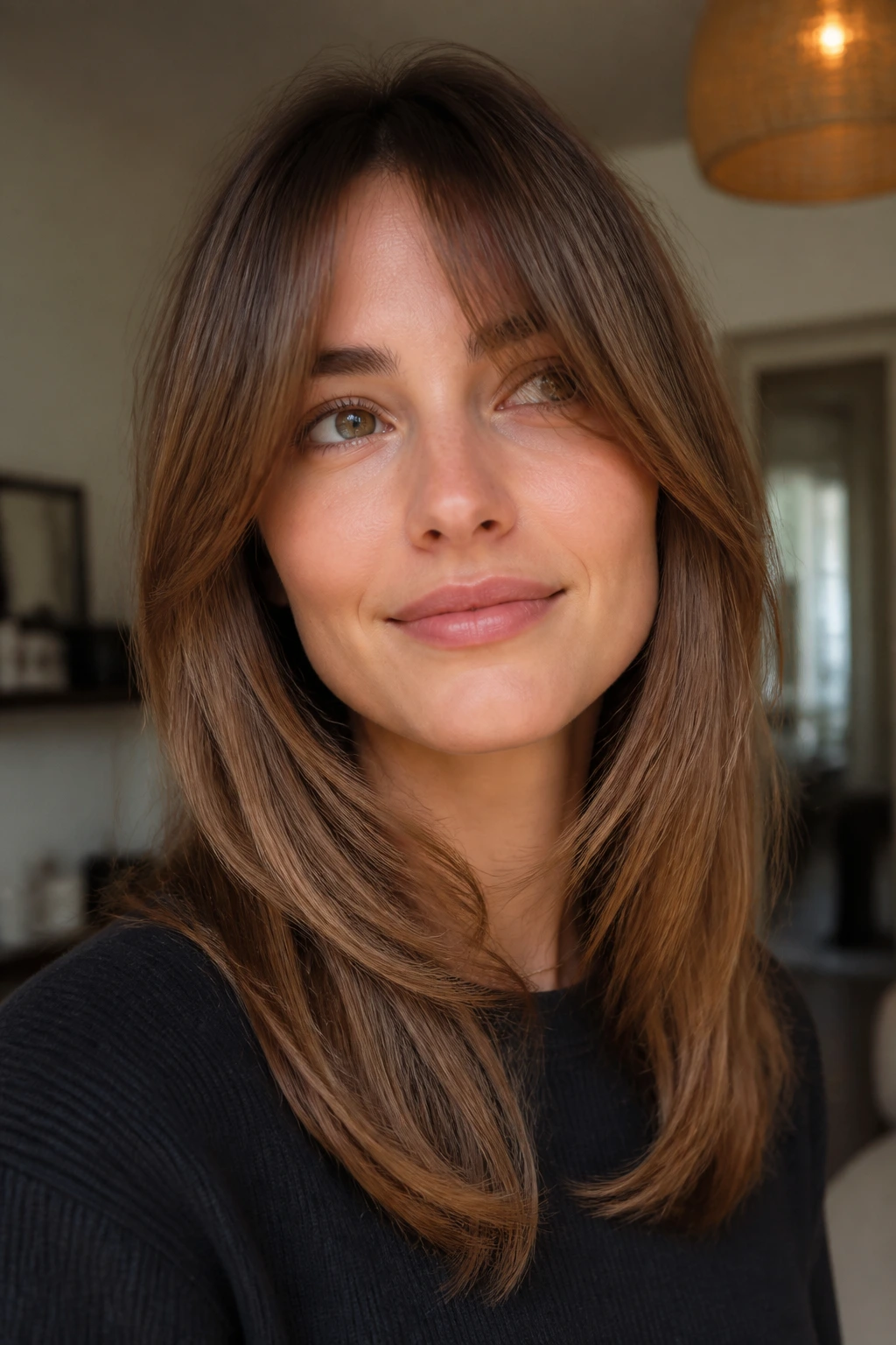 Close-up of a real woman with medium-length hair and curtain bangs