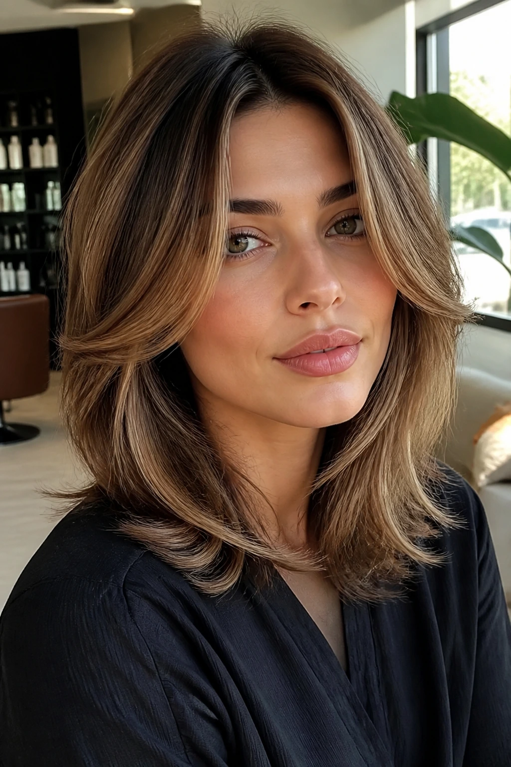 Portrait showing medium length hair with visible face framing pieces around cheeks and jaw