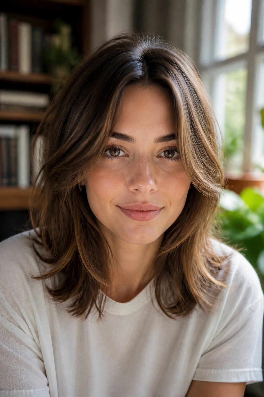 Close-up of hair with medium length and face-framing layers on a real person