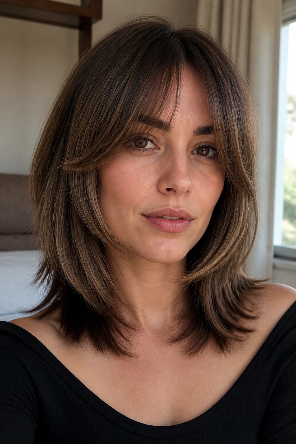 Close-up of a person with medium-length hair showing face-framing shape