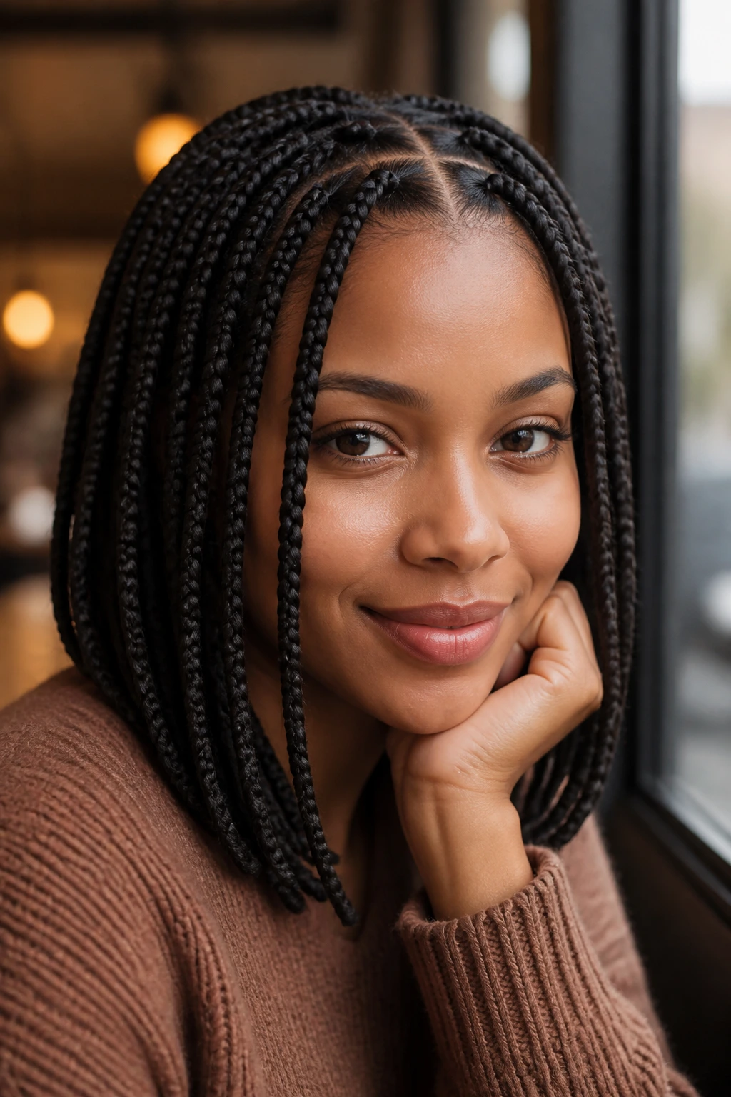 Close-up of real woman with medium knotless braids in cafe window light