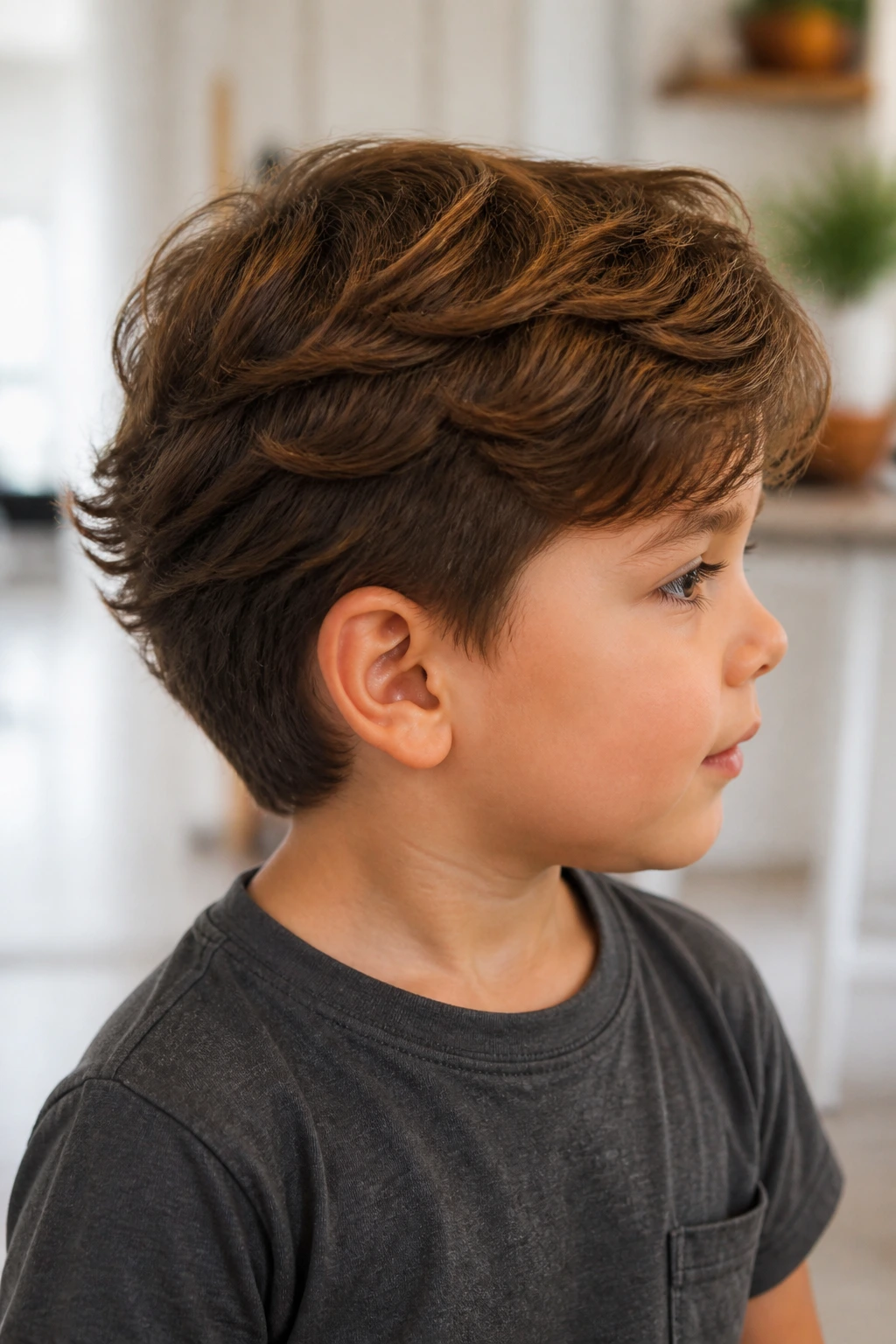 Toddler with medium layered cut and tapered neckline in a bright home setting