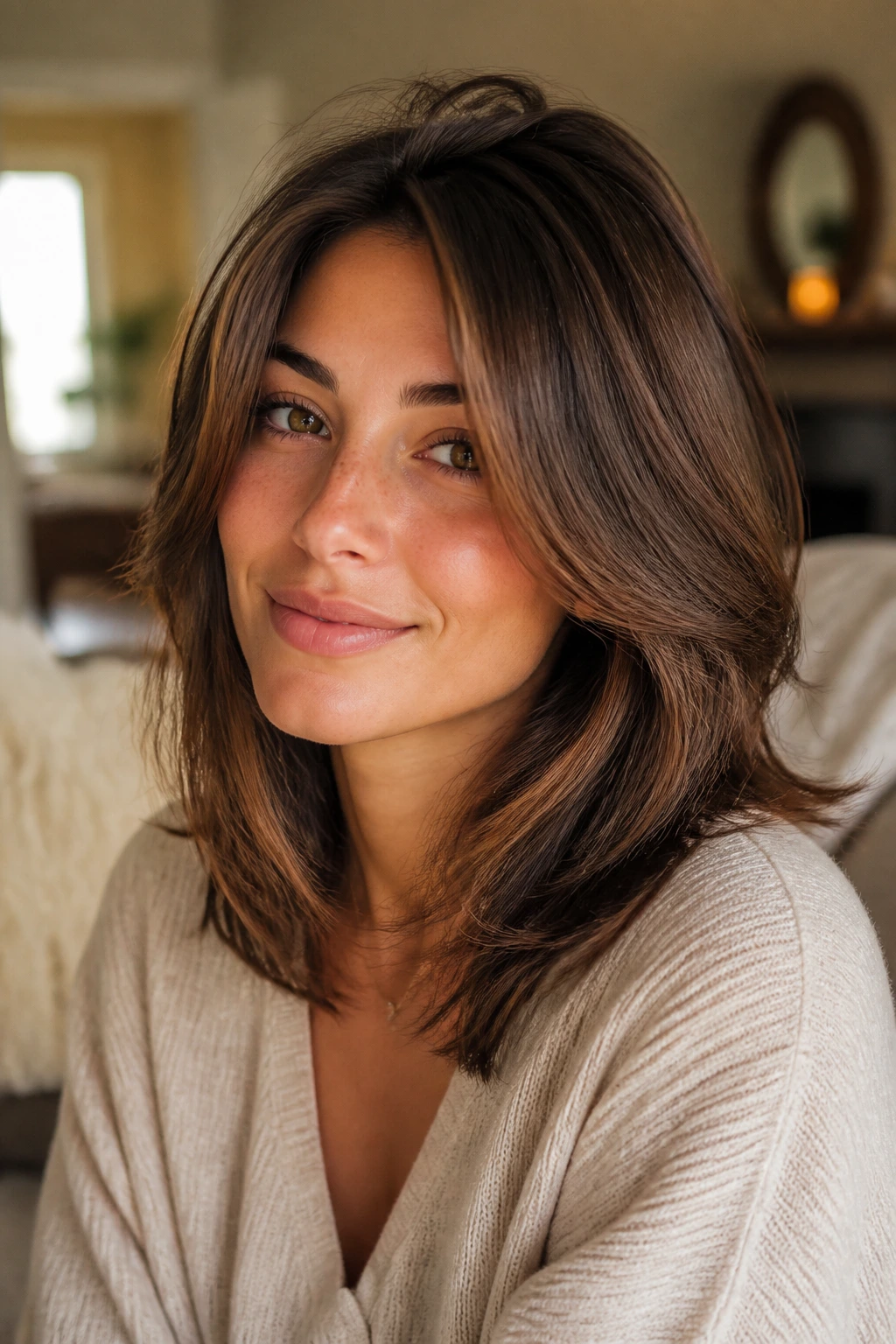 Portrait of a real woman with medium layered hairstyle showing face-framing layers