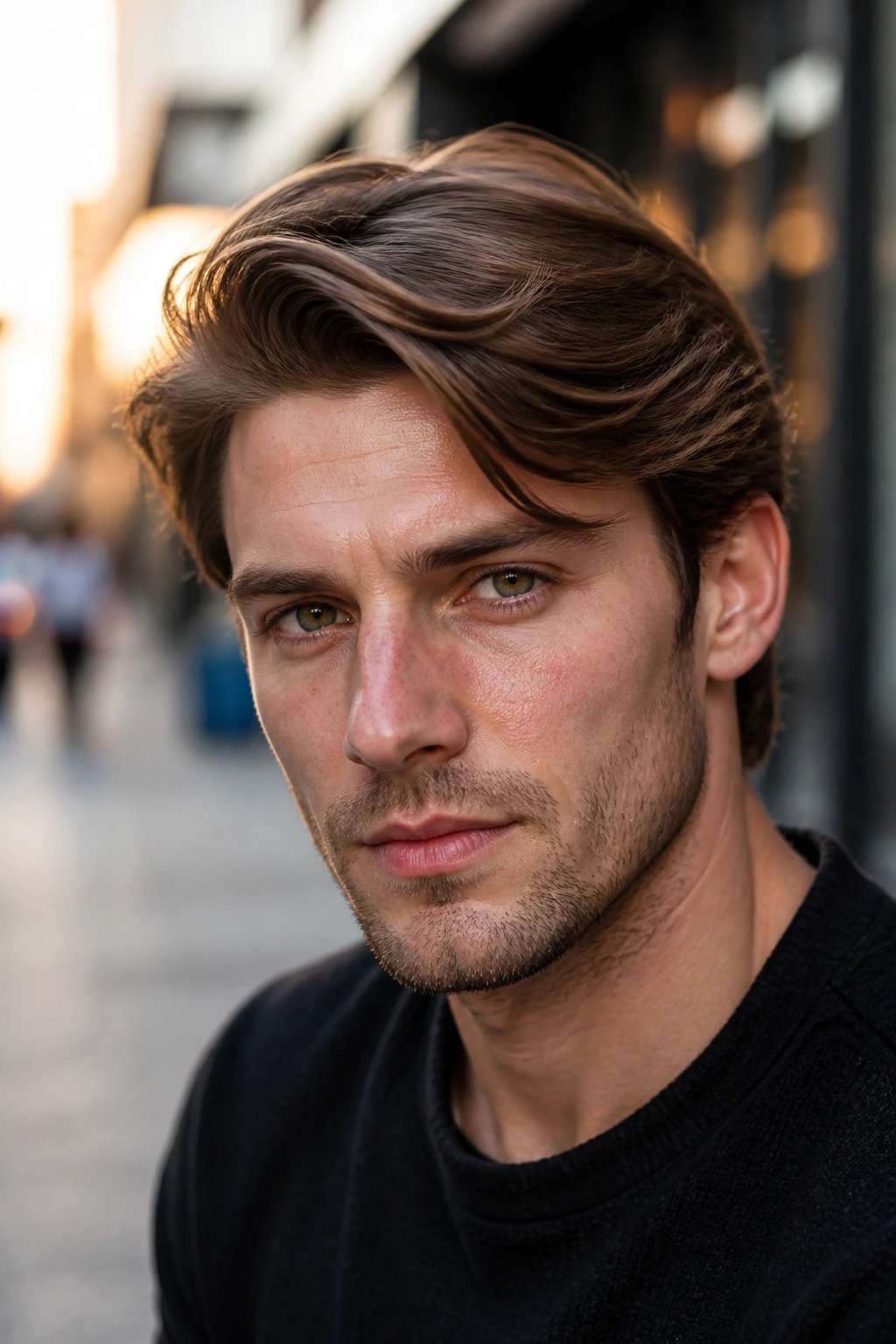Man with medium layered sweep hairstyle outdoors