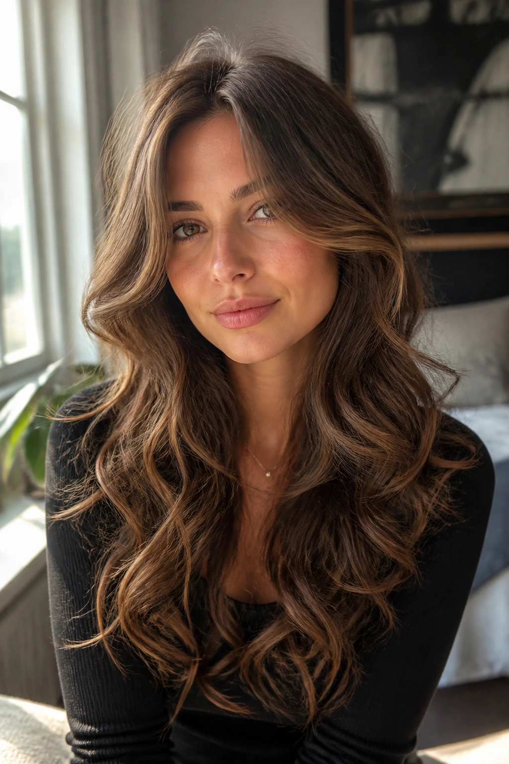 Close-up of a real woman with front-framing medium layers and loose curls