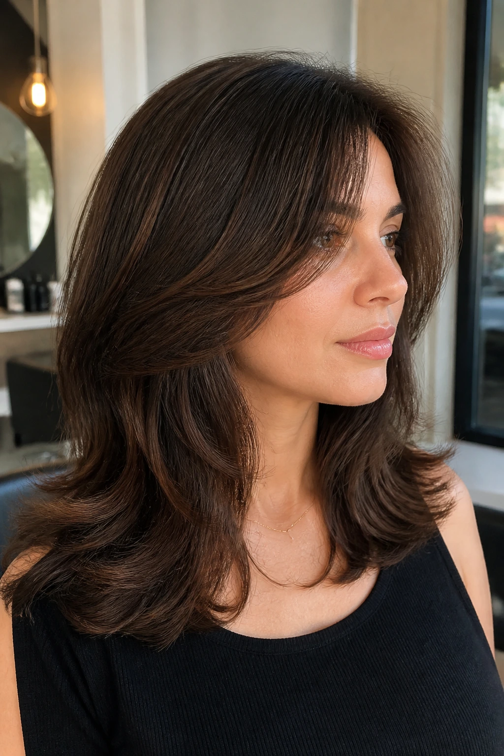 Real person showing how medium layers shape thick hair silhouette