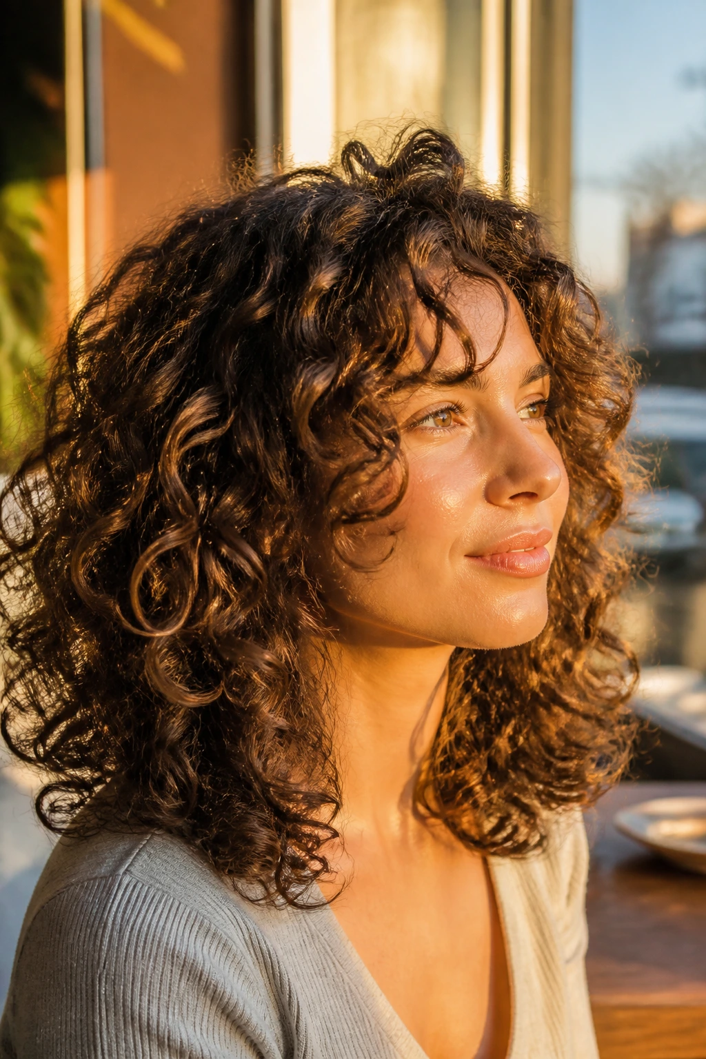 Close-up of medium-length curly hair showing lift and movement