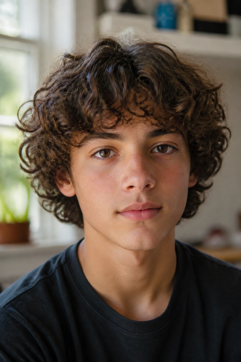 Portrait of a boy with medium-length curly hair showing balanced shape.