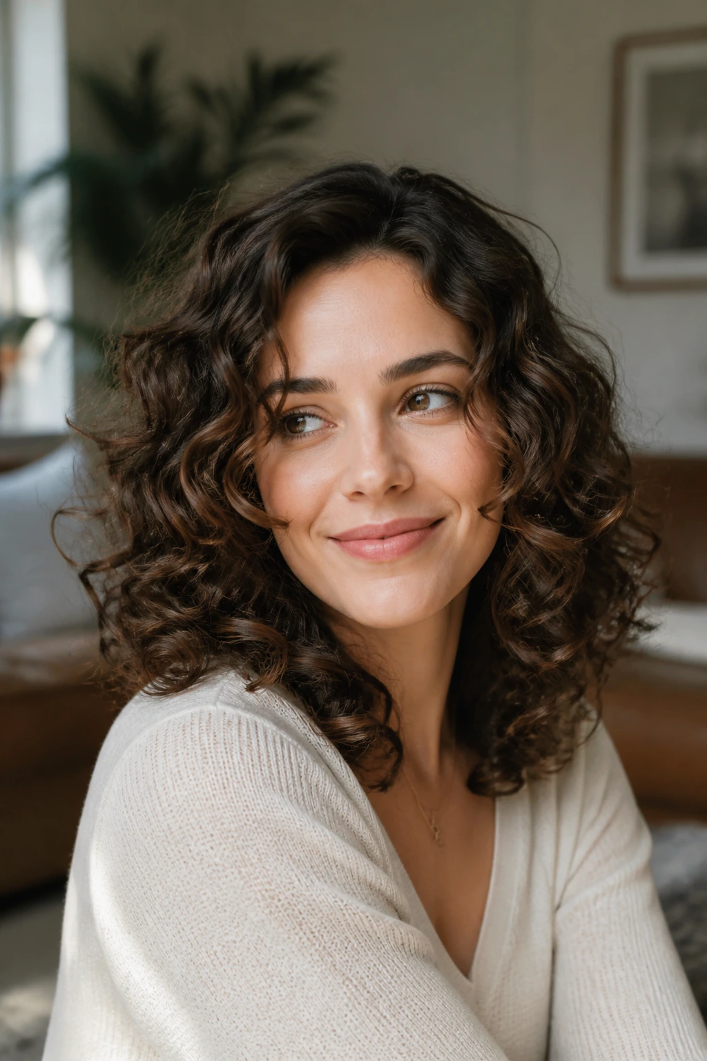 Real person with shoulder-length curls showing easy-to-shape medium-length hairstyle