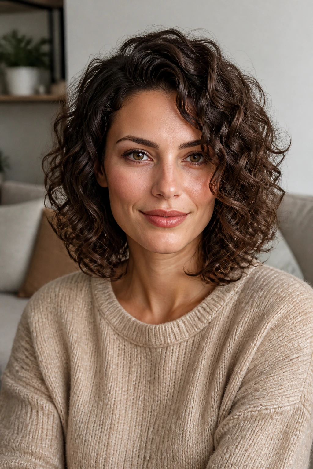 Portrait of a person with medium-length curls framing a square jawline