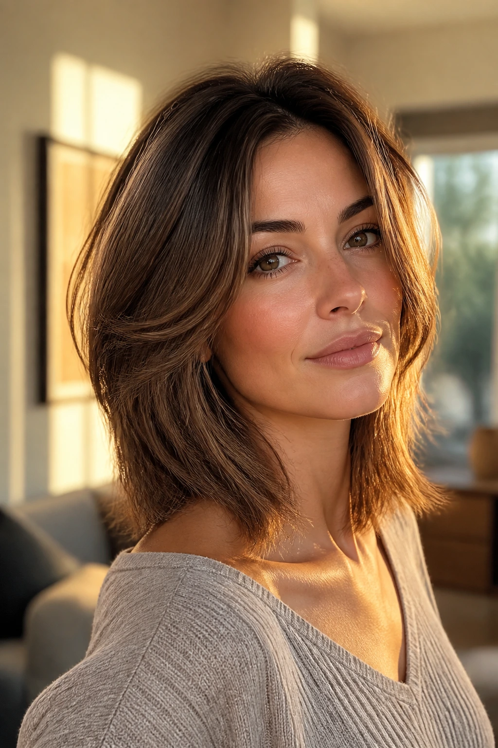 Portrait of a woman with a balanced medium-length face-framing haircut