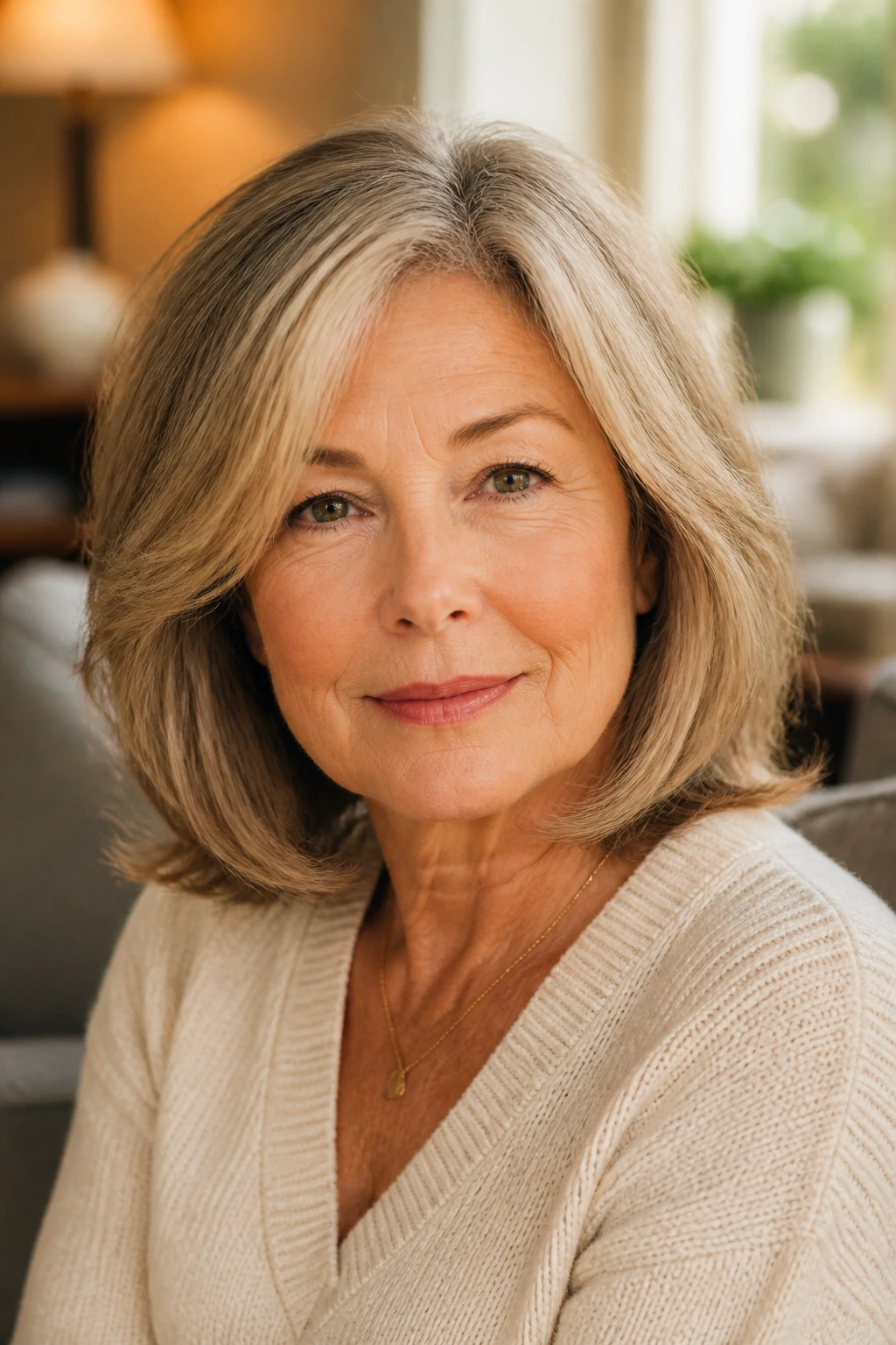 Close-up of a real woman with medium-length hair that flatters her age in a sunlit room