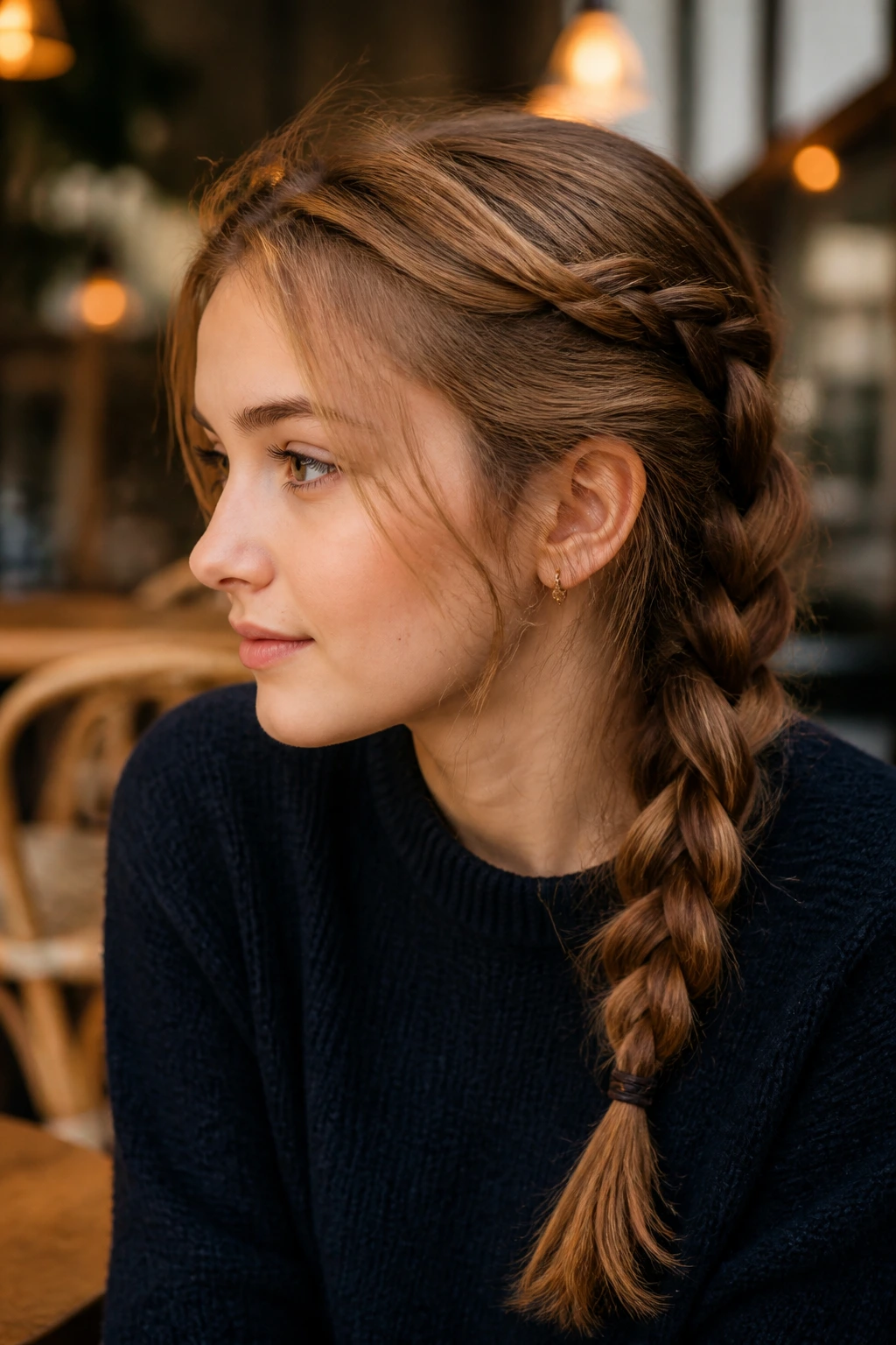 Girl with medium-length fine hair in a side braid with a twist