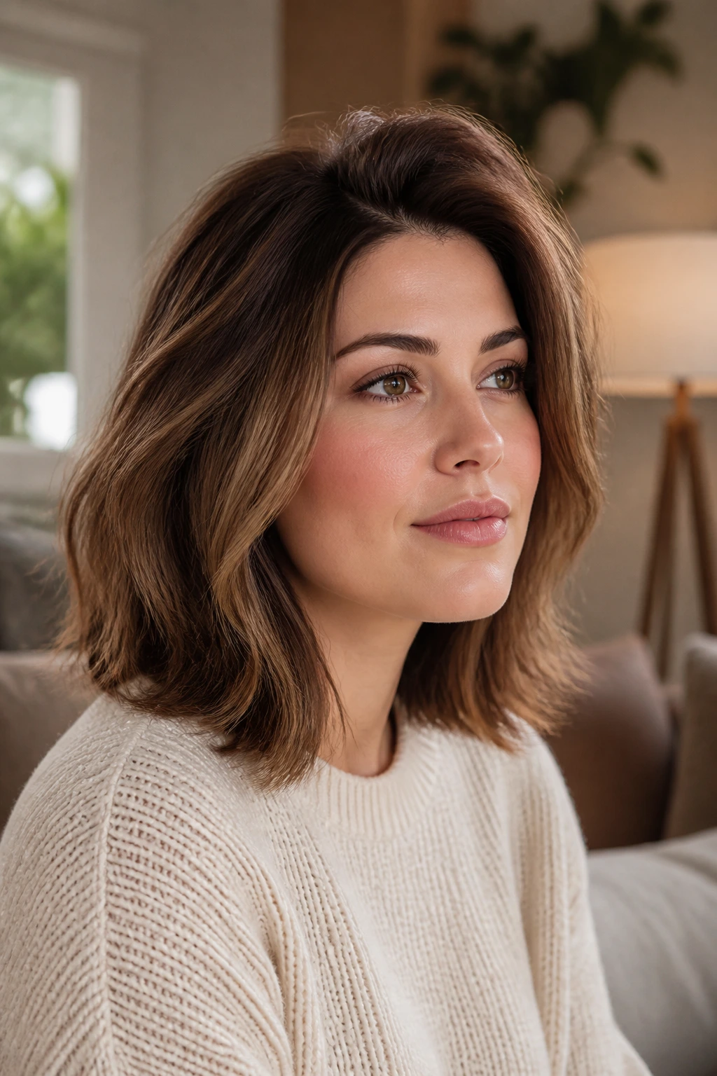 Close-up portrait showing a medium-length haircut shaping a round face.