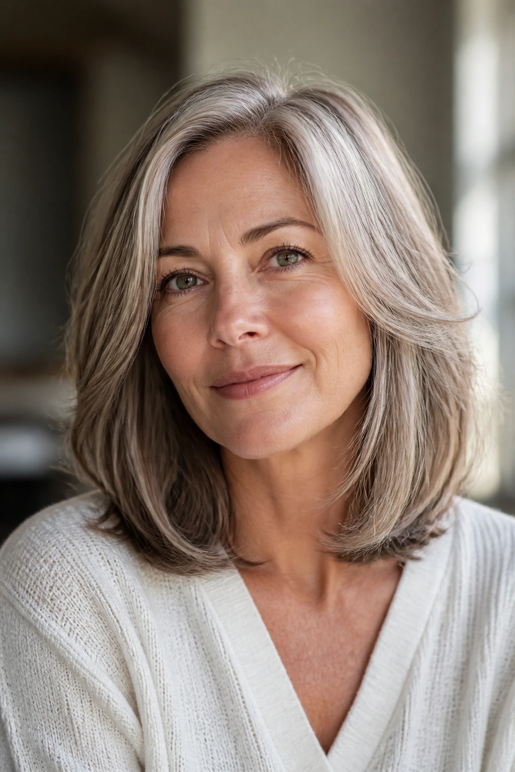 Close-up of a real woman with medium length collarbone-length hair in warm light
