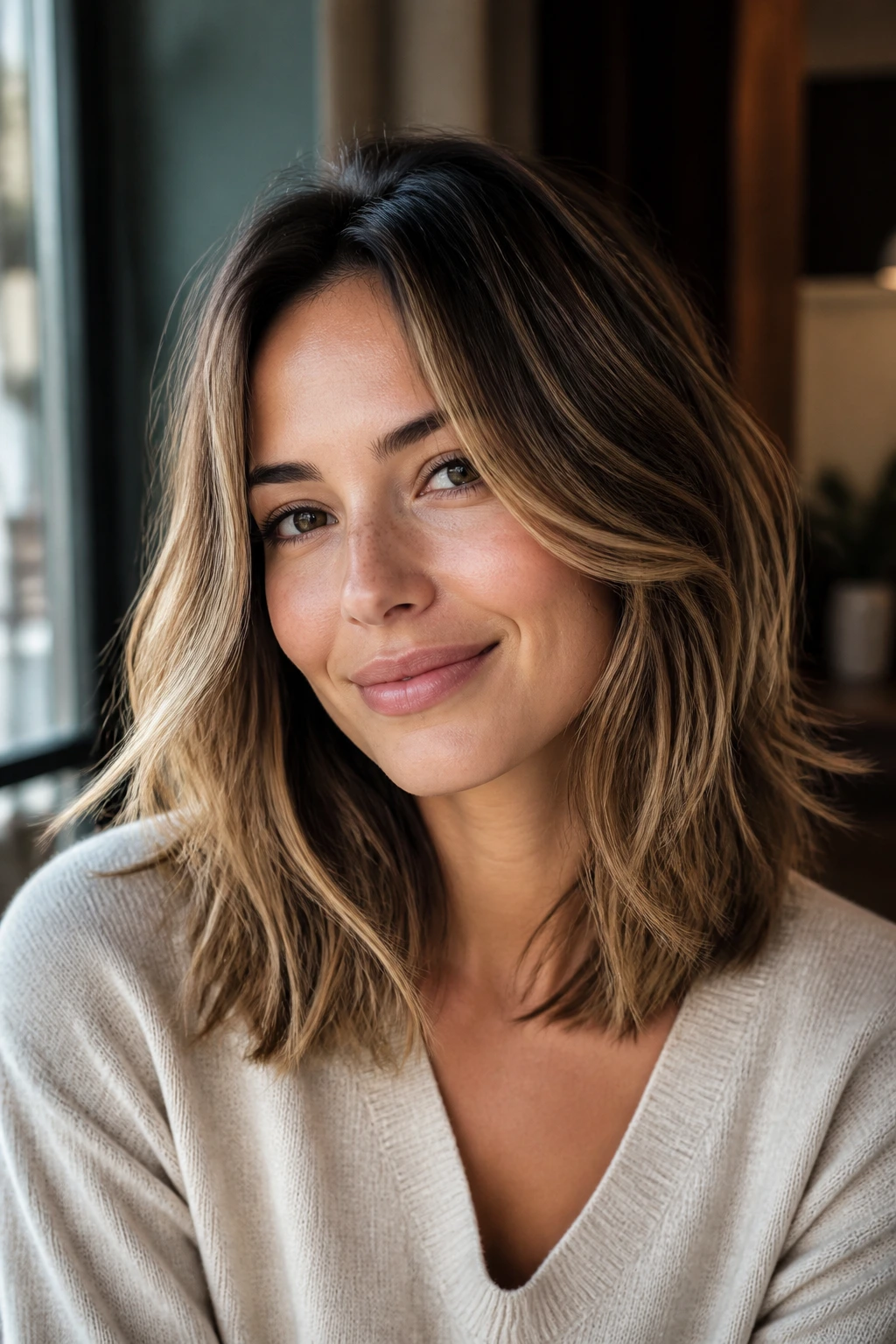 Close-up portrait of a real person with medium-length layered hair and face-framing layers.