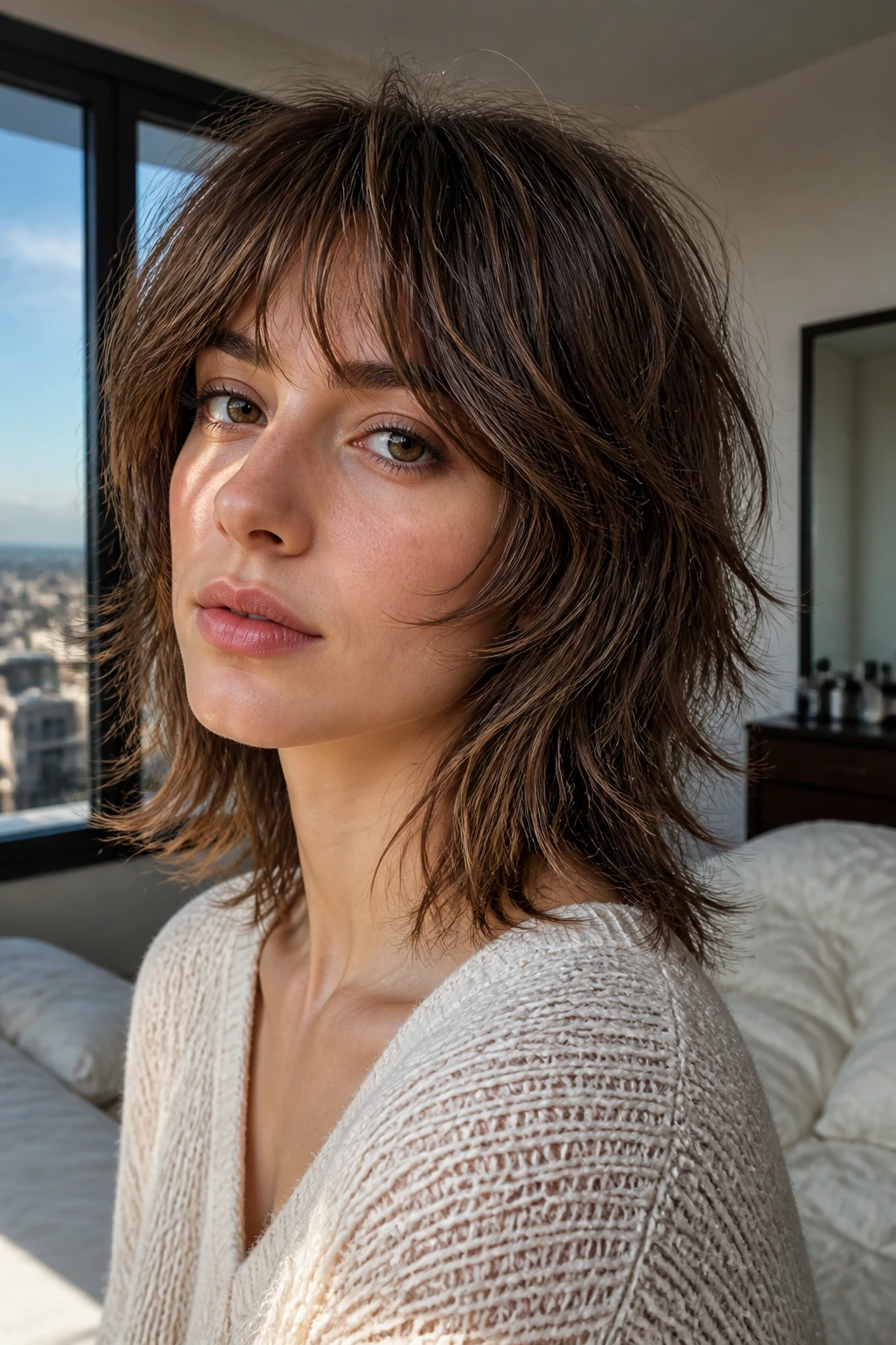 Close-up of a real person with a medium-length shag showing crown lift and textured ends, in natural window light