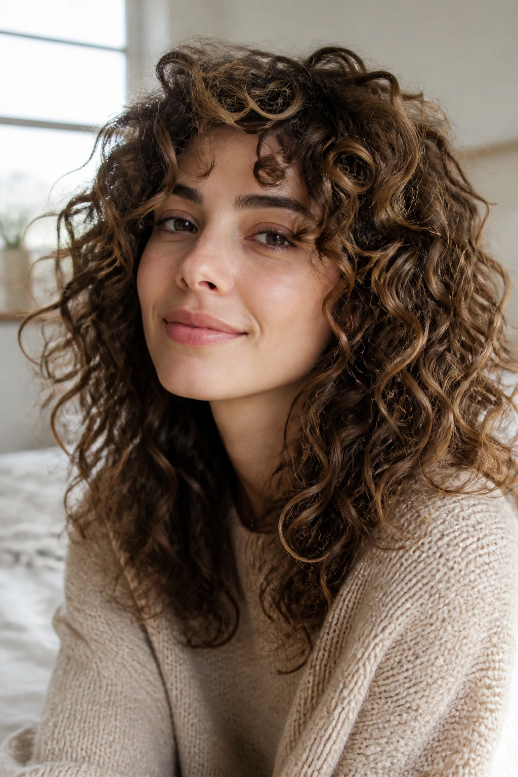 Close-up of a real person with a medium-long curly haircut preserved between washes.