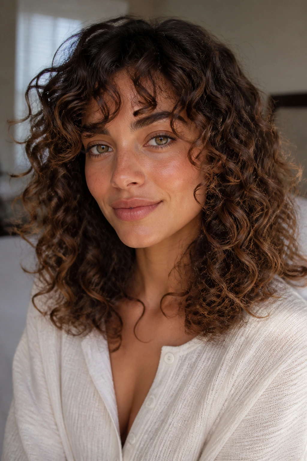 Real-person portrait with shoulder-length curly hair showing easy medium-long curls in morning light.