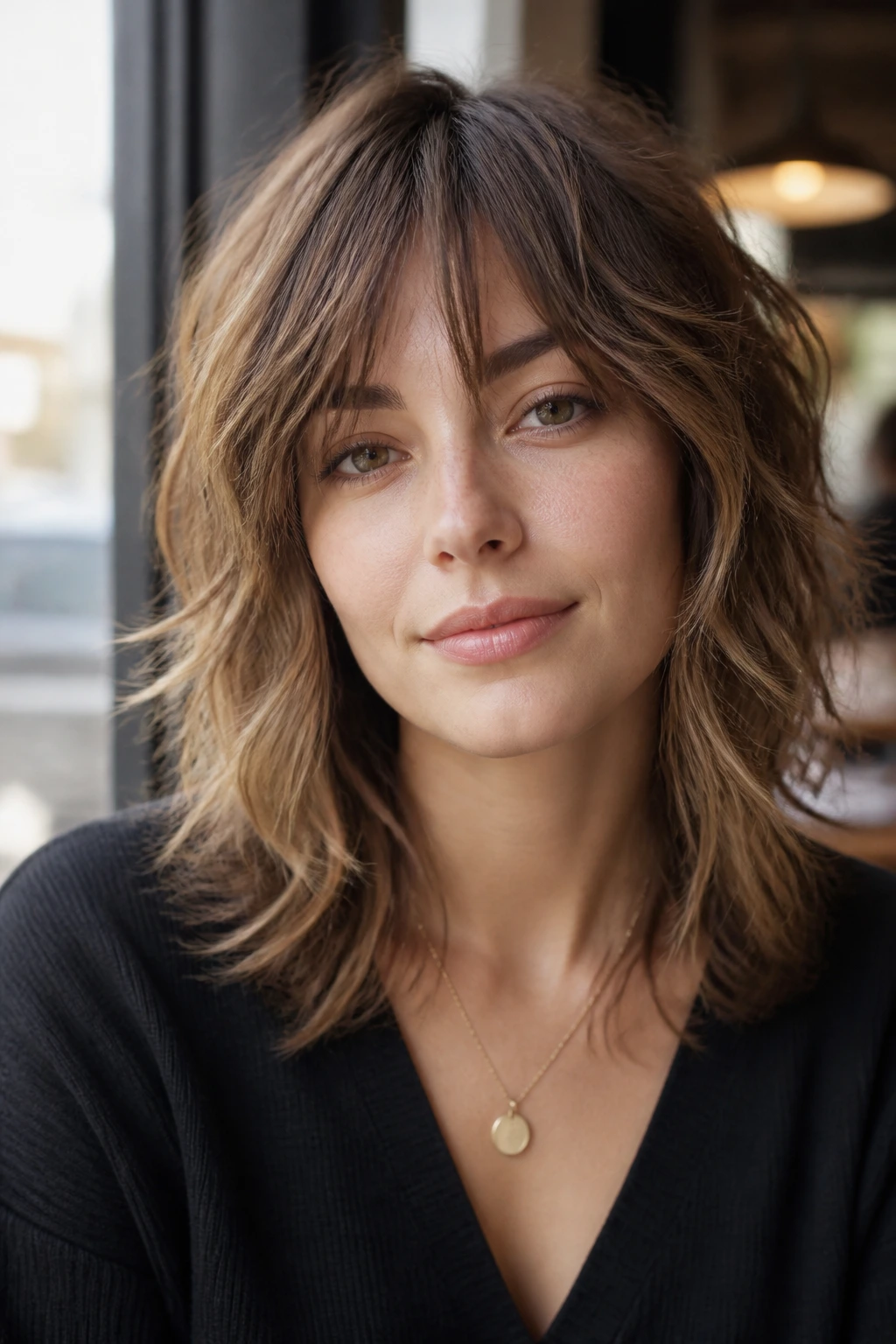 Close-up portrait of a real person with medium shag hairstyle.
