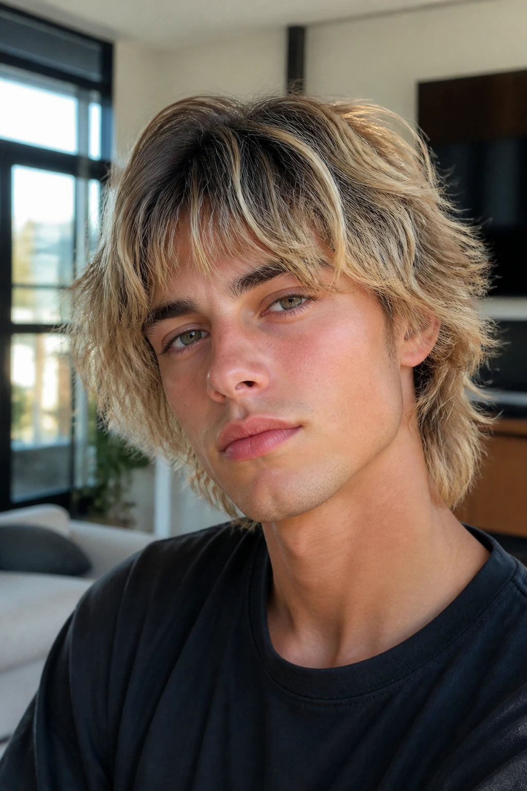 Close-up of a real person with a medium shag and shadow roots showing blonde contrast