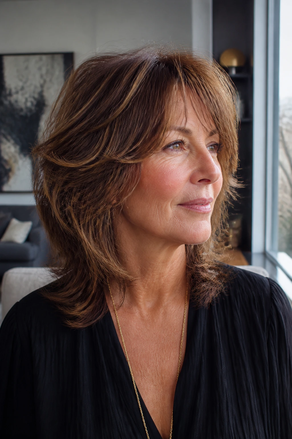 Close-up portrait of a woman with a medium shag on thick hair in a bright living room
