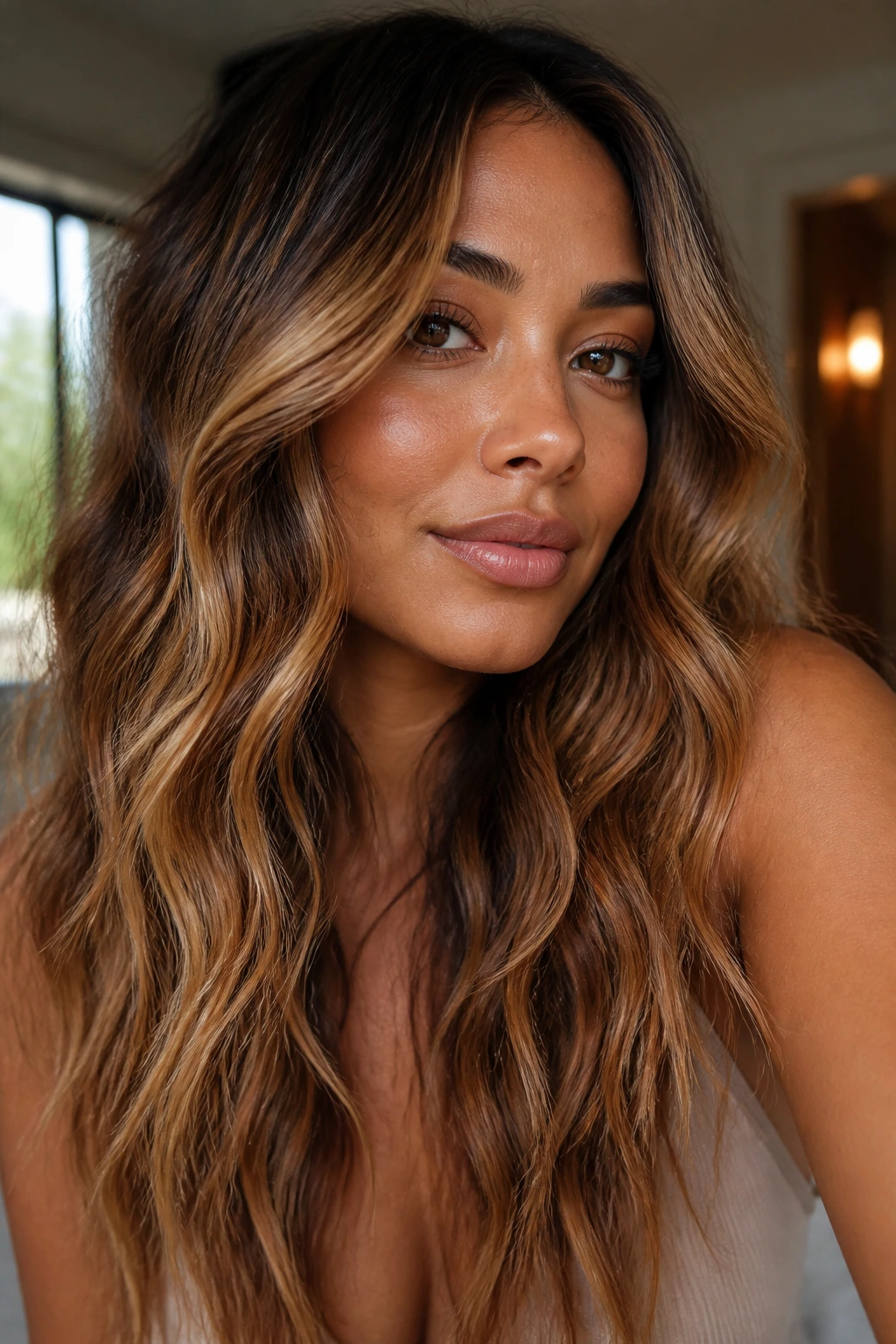 Close-up portrait of a woman with medium skin and warm golden hair highlights in beachy waves.