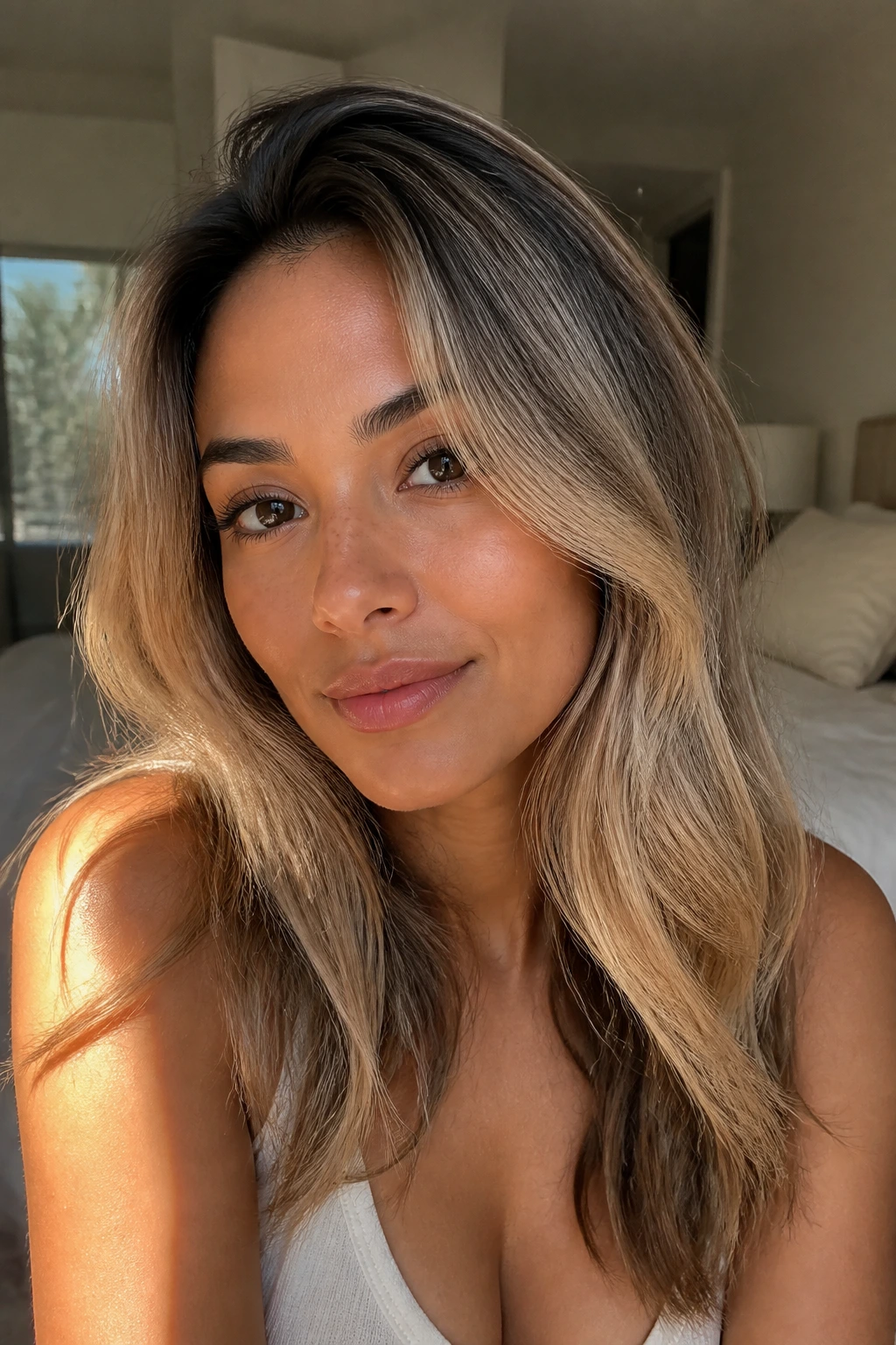 Close-up portrait of a real person with medium skin tone and beige blonde hair framing the face in warm light