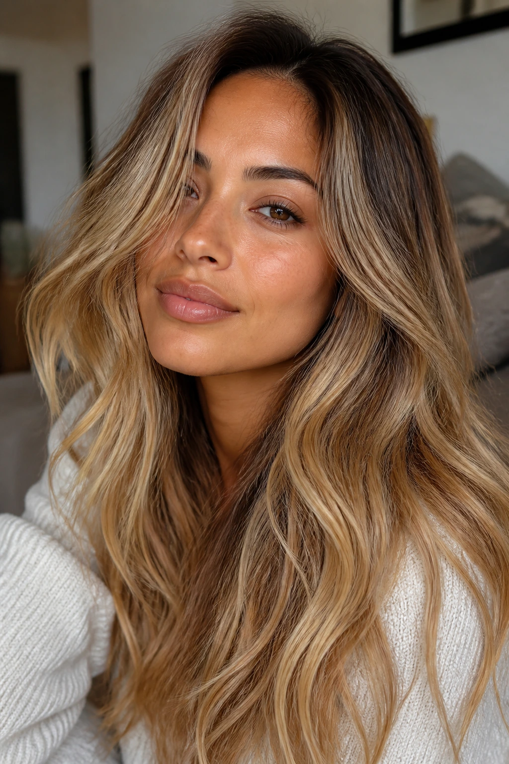 Close-up portrait of a real woman with medium skin and multi-toned blonde hair in warm lighting