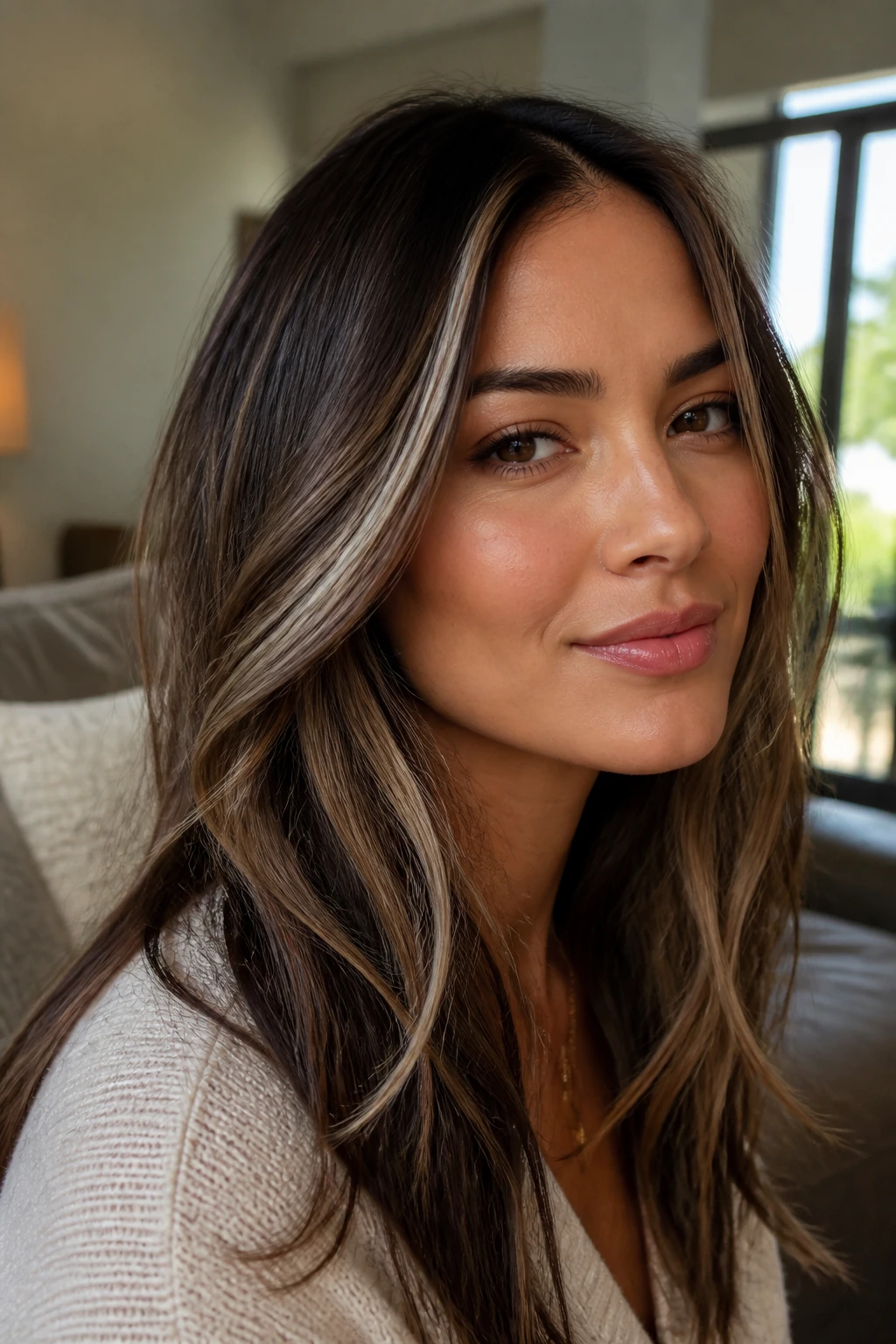 Portrait of a person with medium skin showing carmel and ash brown streaks framing the face.