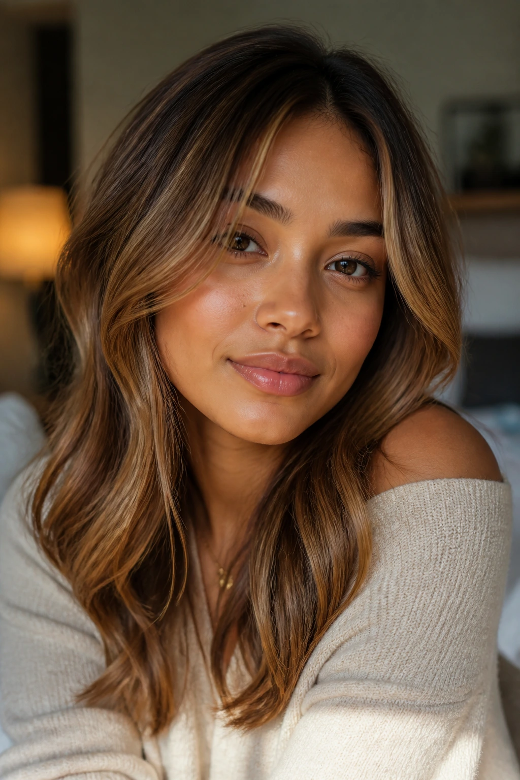 Close-up portrait of a model with medium skin tone and caramel hair in warm window light