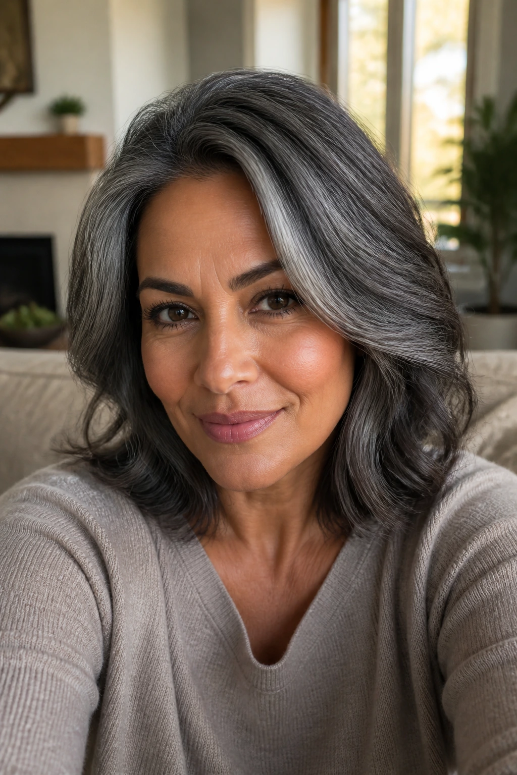 Portrait of a real woman with medium skin tone and dimensional grey hair with root shadow