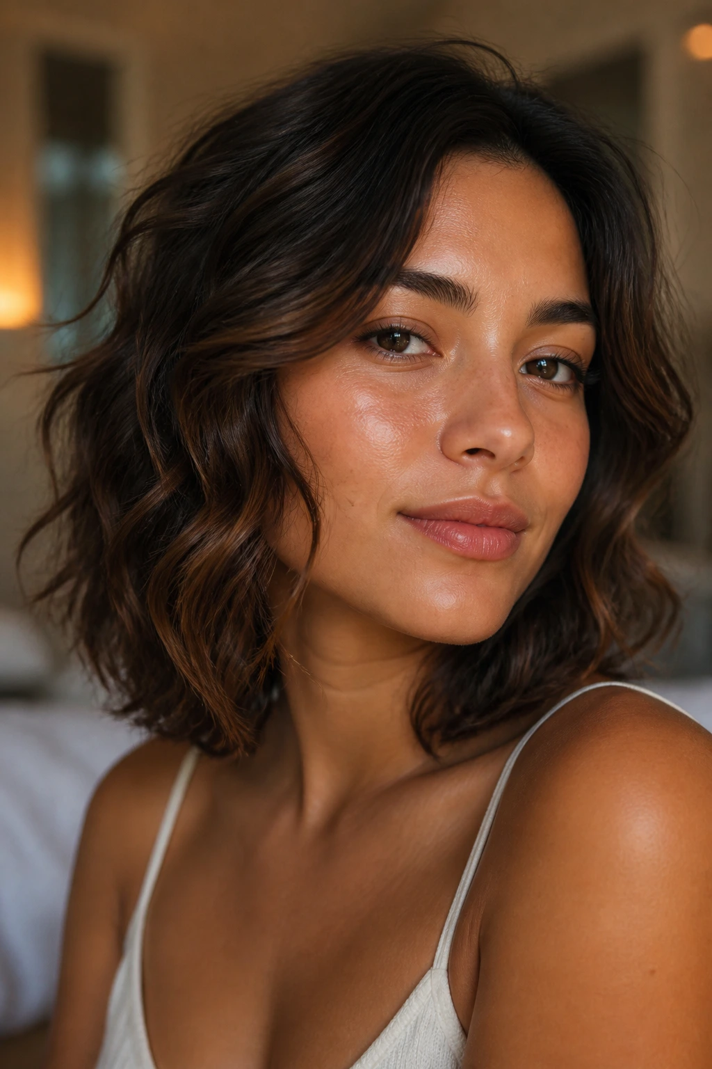 Close-up of a real woman with medium skin and wavy brunette hair framing her cheekbones
