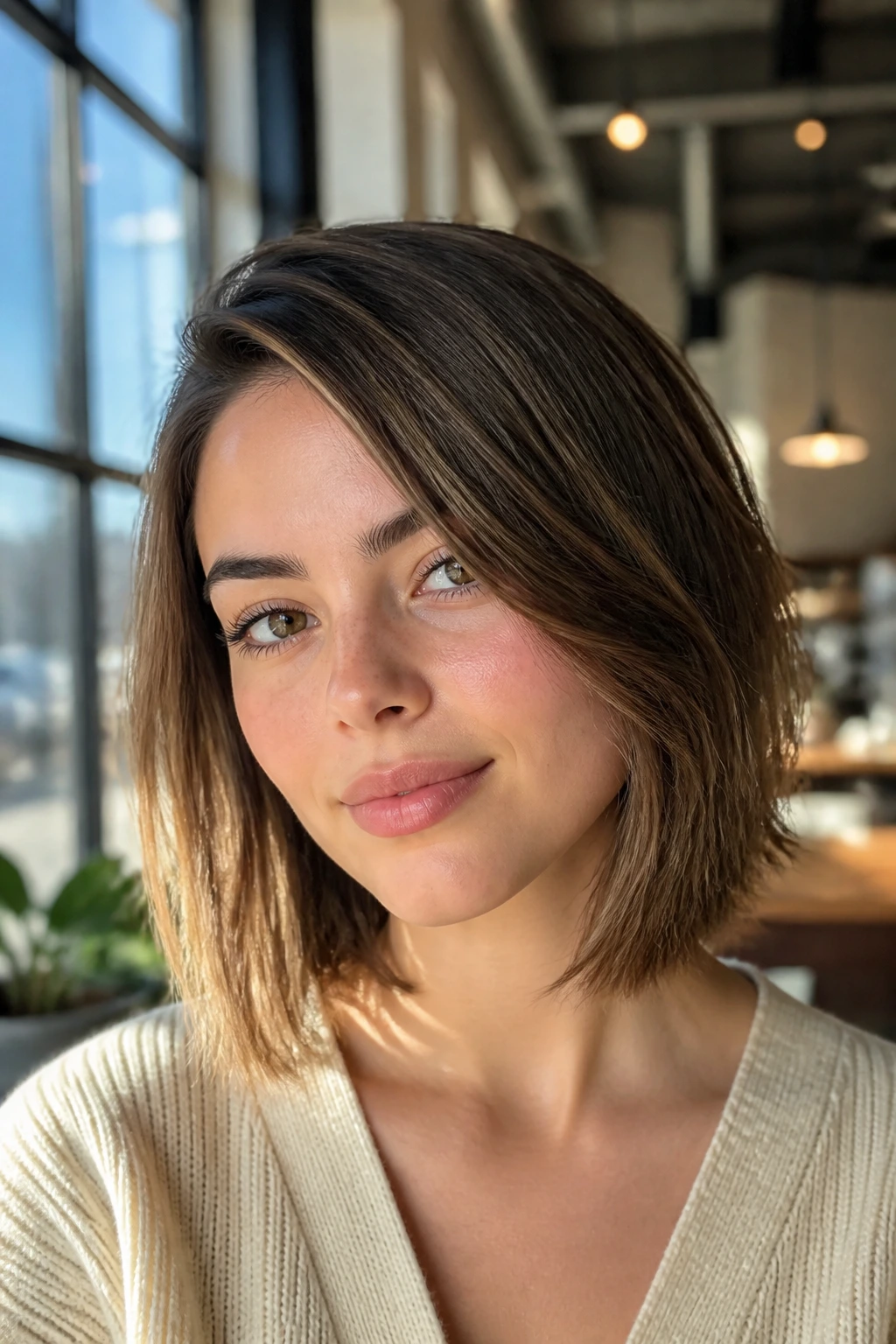 Close-up of a real person with a medium straight bob elongating a round face