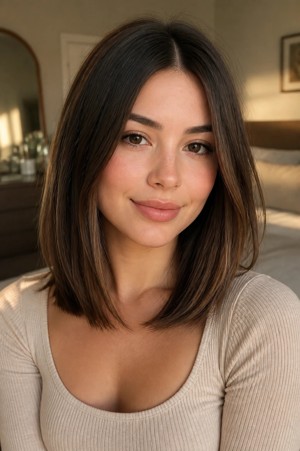 Close-up portrait of a real woman with a collarbone-length medium-straight hairstyle for round faces