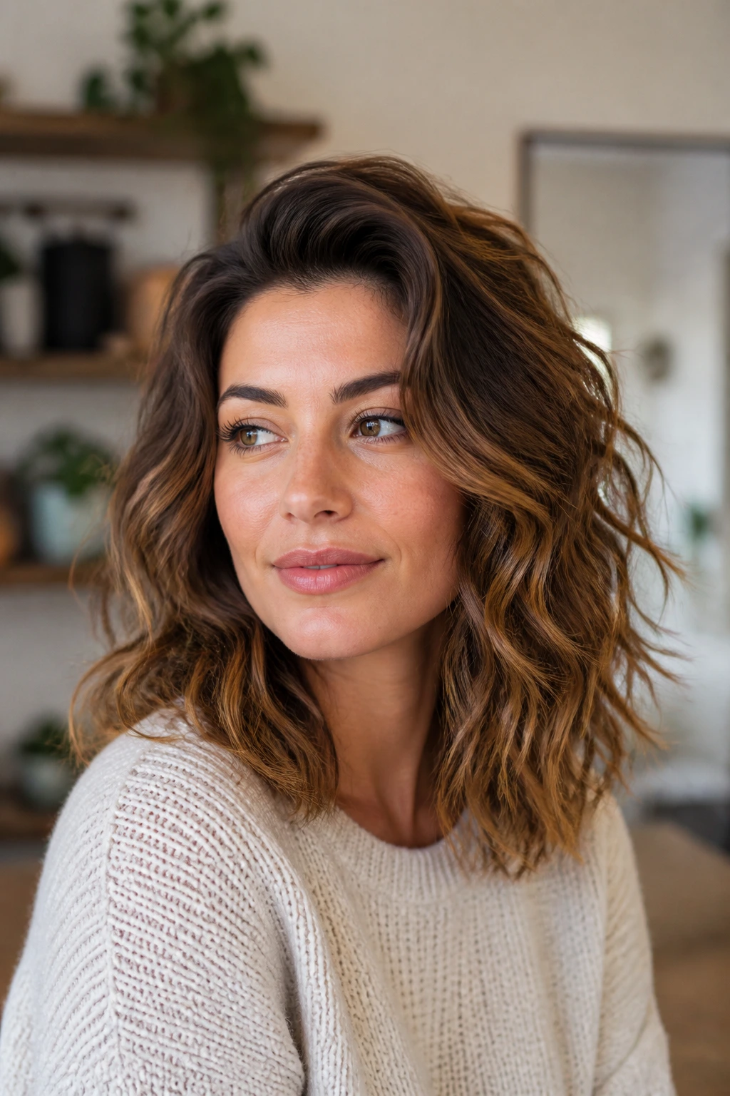 Close-up of a real woman illustrating medium waves with crown lift.