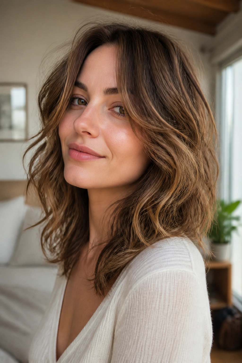 Close-up of a real person with medium-length wavy hair in motion