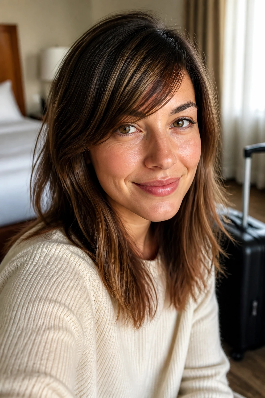 Portrait of a real woman with medium-length hair and side-swept bangs in a travel-ready setting.