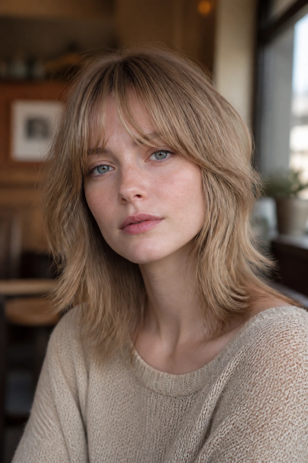 Close-up of a woman with mellow shag and bottleneck bangs