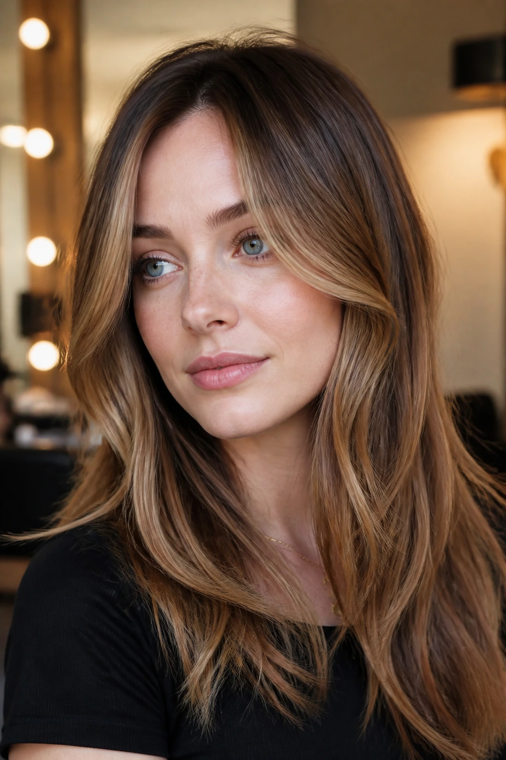 Portrait focusing on melted curtain highlights along the front hair