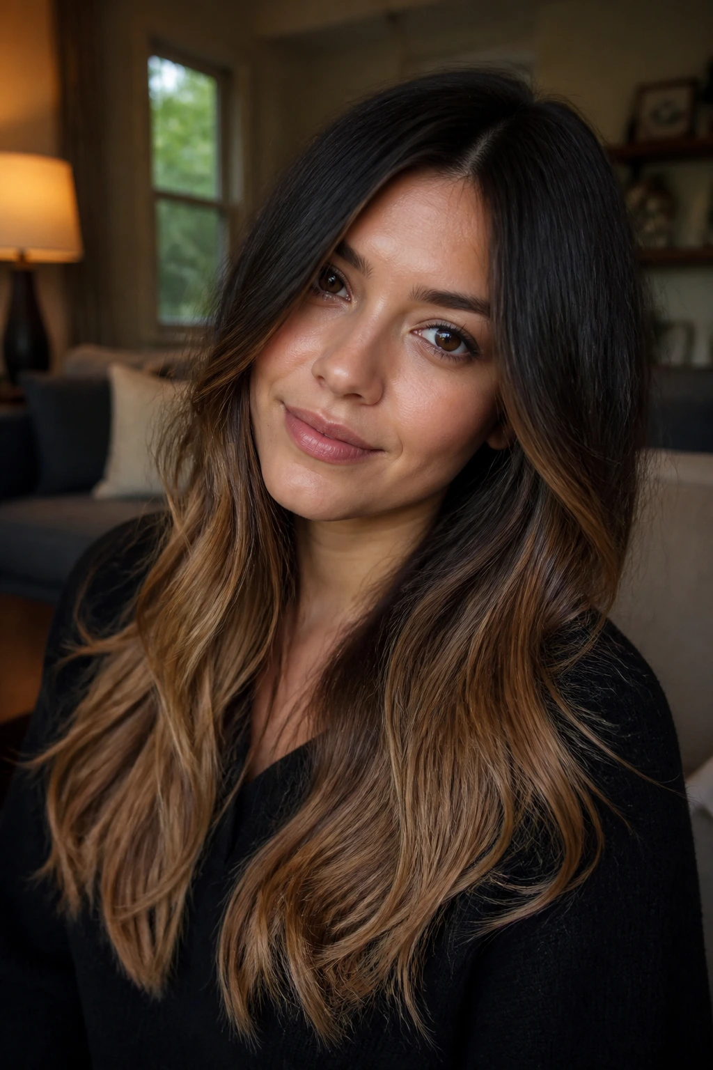 Close-up of long hair with a dark top and melted caramel ends under warm ambient light