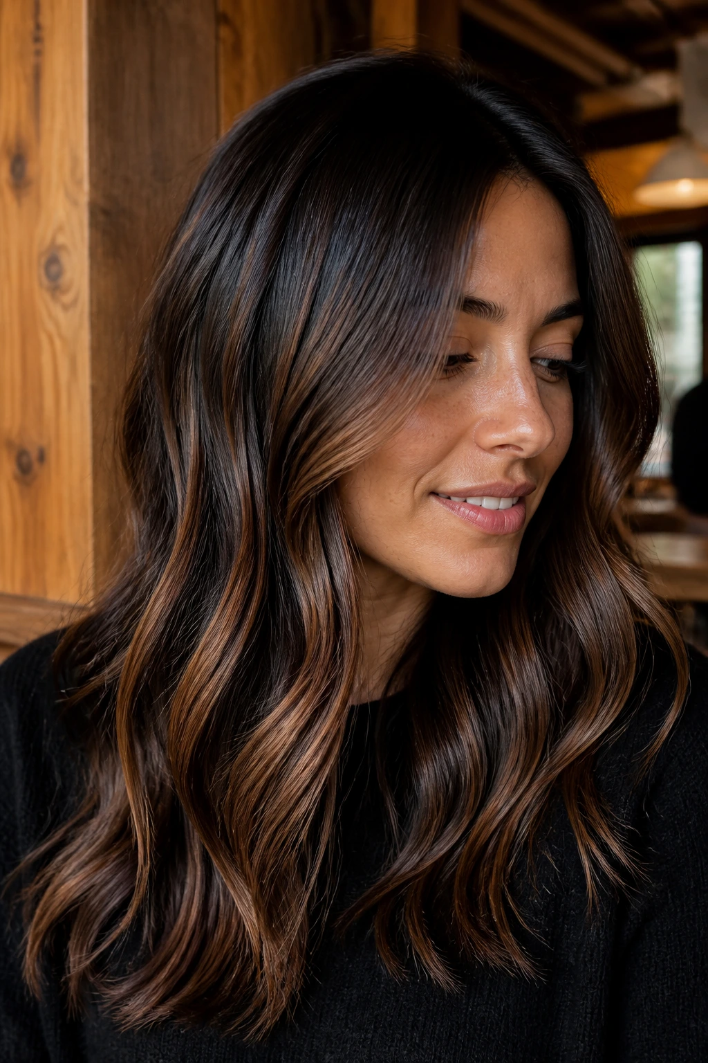 Close-up of a real person with deep brunette hair and melted caramel gloss blending highlights
